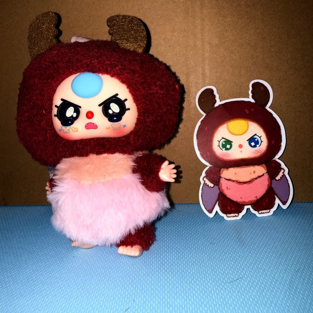 Baby Three Plush Figure Burgundy Antlers Wings Excellent Kawaii Toy & Card